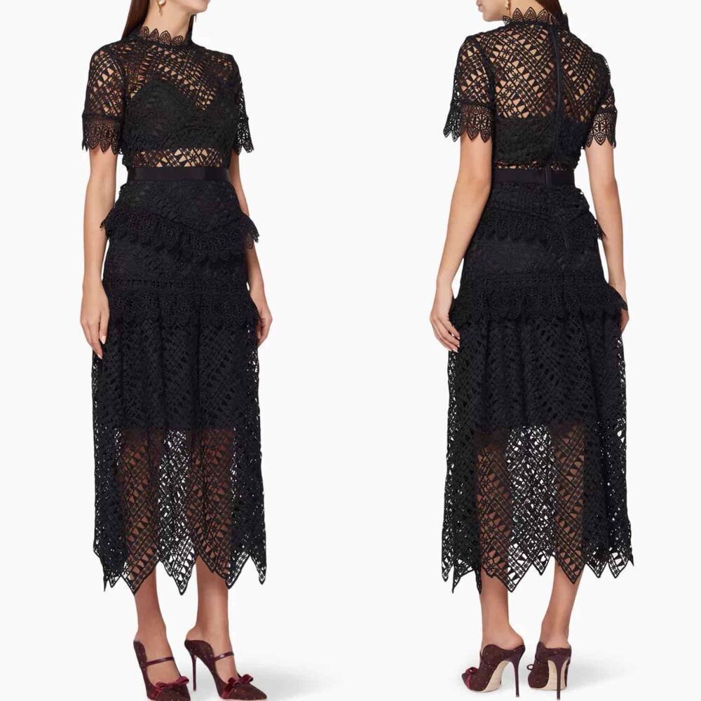 SELF-PORTRAIT Black Abstract Triangle Lace Midi Dress Size US 2 - Picture 10 of 15